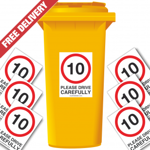 10 mph Please Drive Carefully Speed Reduction Wheelie Bin Stickers